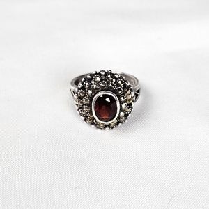 Vtg Sterling Silver Marcasite Brown Center Stone Ring